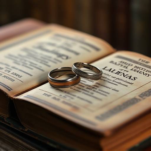 Fotografia degli anelli nuziali su un libro antico durante un matrimonio in una biblioteca storica a Roma.