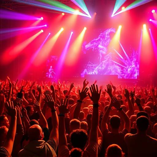 Fotografia di un concerto rock con il pubblico in estasi e luci colorate sul palco.