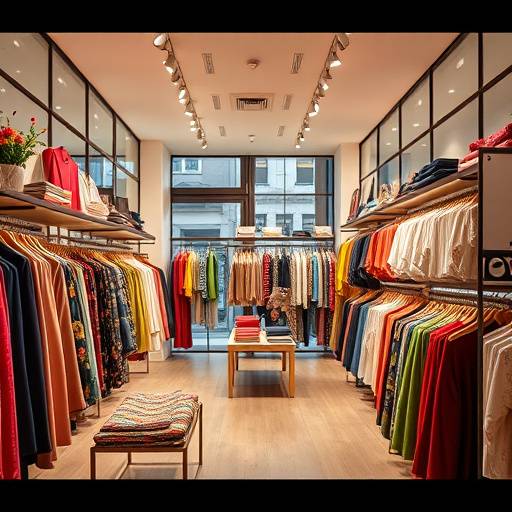 Fotografia di un interno di un negozio di moda con abiti colorati e ben esposti.