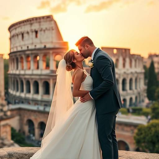 Fotografia di un matrimonio a Roma, con gli sposi che si baciano sullo sfondo del Colosseo.