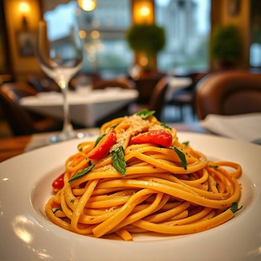 Fotografia di un piatto di pasta fresca in un ristorante romano, con dettagli del cibo e dell'ambiente.