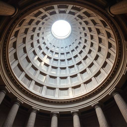 Fotografia interna del Pantheon, mostrando la sua cupola e l'oculo illuminato dalla luce naturale.